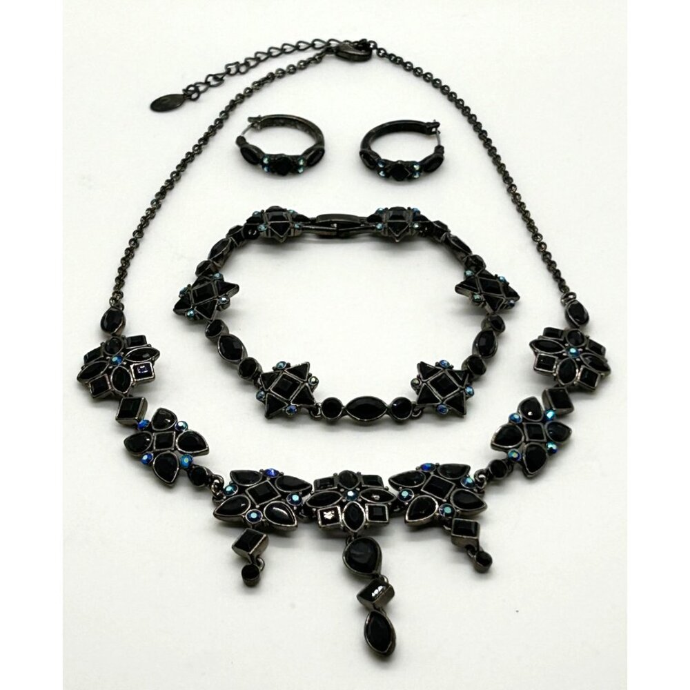 Black Glass Necklace Set Blue Aurora Borealis Crystals Earrings Bracelet Gothic - Picture 3 of 13